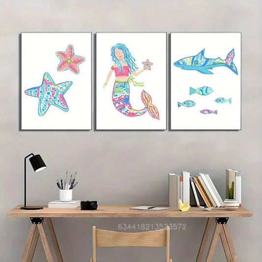 3pcs Starfish Print Shark Ocean Theme Art Metal Print Ready to Hang Art