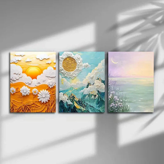 3pcs White Clouds &amp; Florals Painting Metal Print Ready to Hang Art