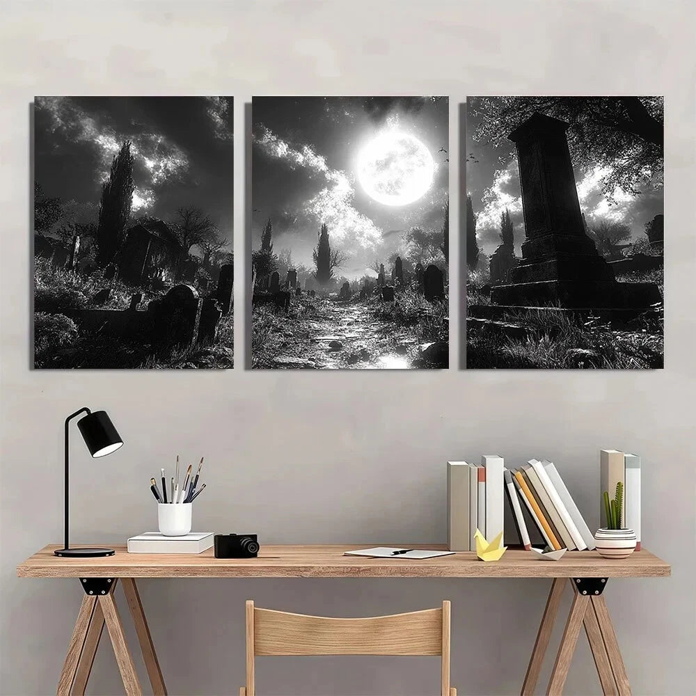 3pcs Creepy Haunted Cemetery Black & White Metal Print Ready to Hang Art