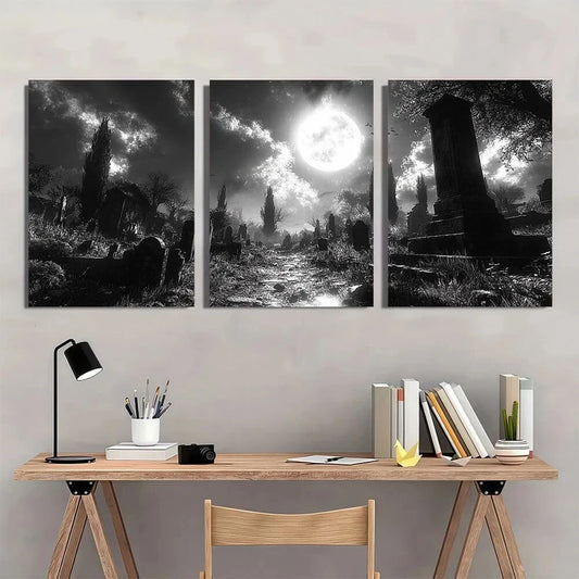 3pcs Creepy Haunted Cemetery Black & White Metal Print Ready to Hang Art