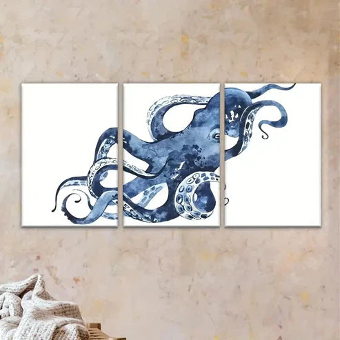 3pcs an octopus is painted on white Wall Art Set Canvas Unframed - High Quality Print 100% Australian Made Wall Canvas - Bella Home Decor