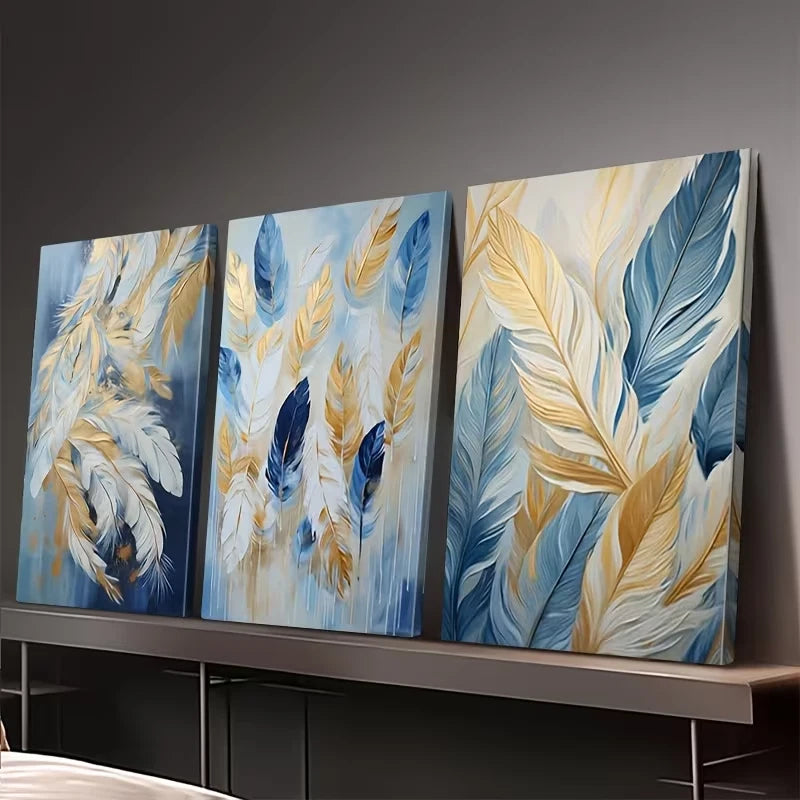 3pcs Abstract Blue And Golden Feather Wall Art Set Canvas Framed 60x90cm – High Quality Print, 100% Australian Made, Ready to Hang