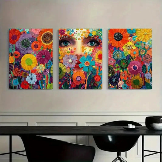 3pcs Vibrant Colorful Floral Garden Design Metal Print Ready to Hang Art