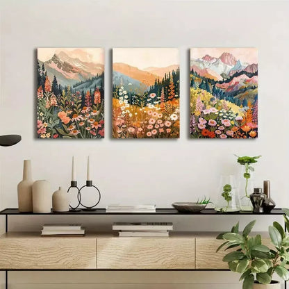 3pcs Floral & Forest Mountain with Wildflowers Canvas Framed 40x60cm - High Quality Print 100% Australian Made Wall Canvas Ready to Hang
