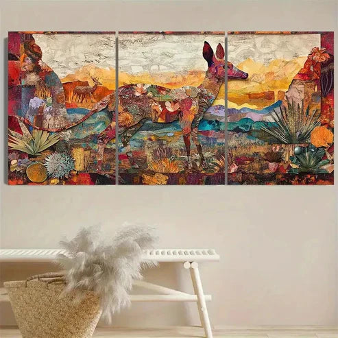 3pcs Vibrant Kanga & Wildlife Wall Art Set Canvas Unframed - High Quality Print 100% Australian Made Wall Canvas