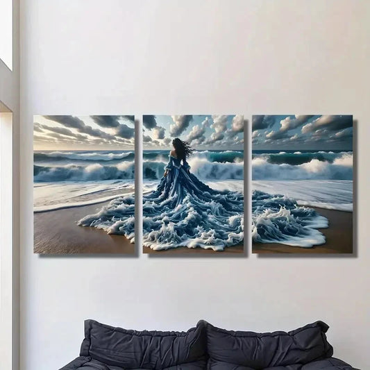 3pcs ,Ocean, beach, fantasy style mural, lady in Metal Print Ready to Hang Art