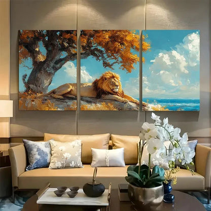 3pcs Lion Resting Under Tree Metal Print Ready to Hang Art