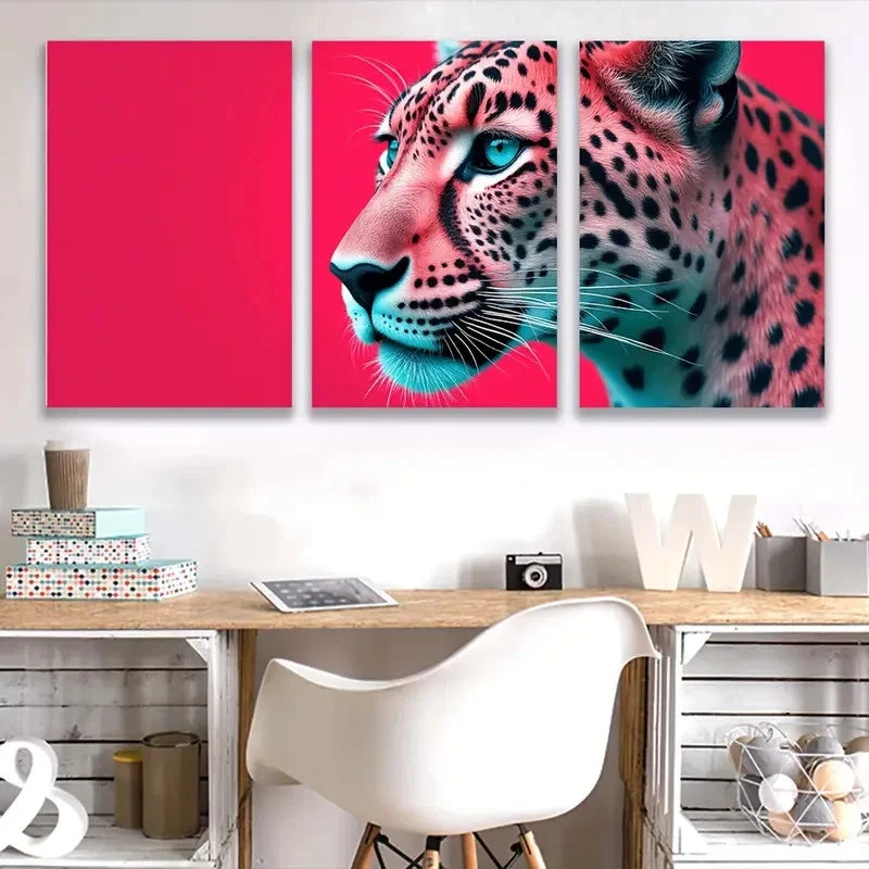 3pcs Leopard Vibrant Red Background Wall Art Set Canvas Framed 50x70cm - High Quality Print 100% Australian Made Wall Canvas Ready to Hang