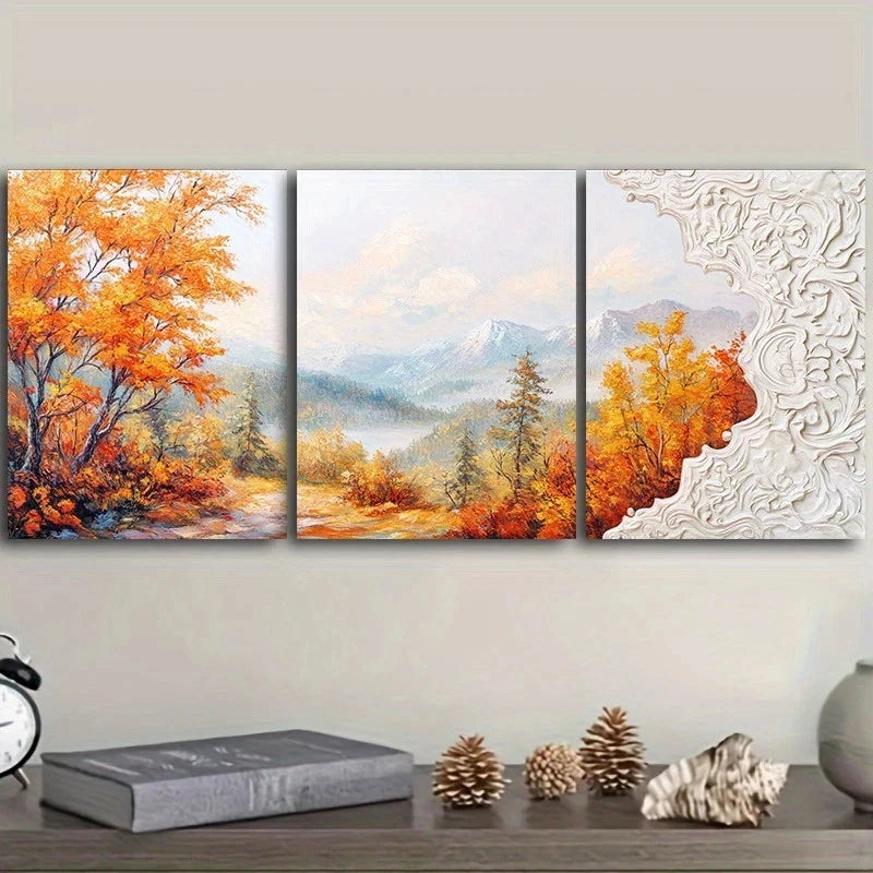 3pcs Autumn Landscape With Mountains Metal Print Ready to Hang Art