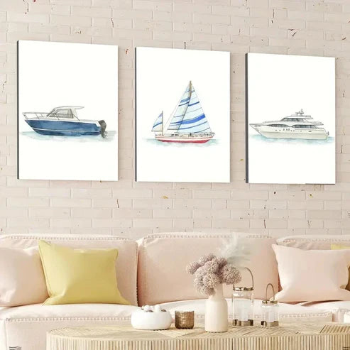3pcs Ship Transportation Bars Designs Blue White Wall Art Set Canvas Unframed - High Quality Print 100% Australian Made Wall Canvas