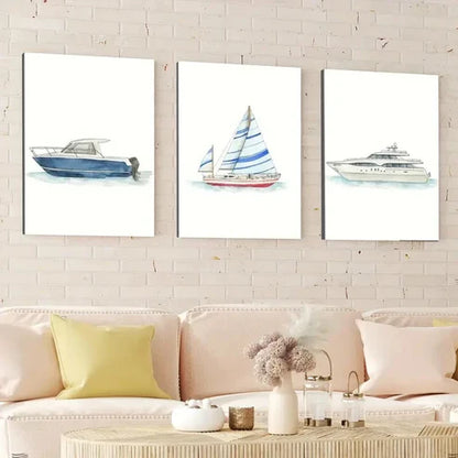 3pcs Ship Transportation Bars Designs Blue White Wall Art Set Canvas Unframed - High Quality Print 100% Australian Made Wall Canvas