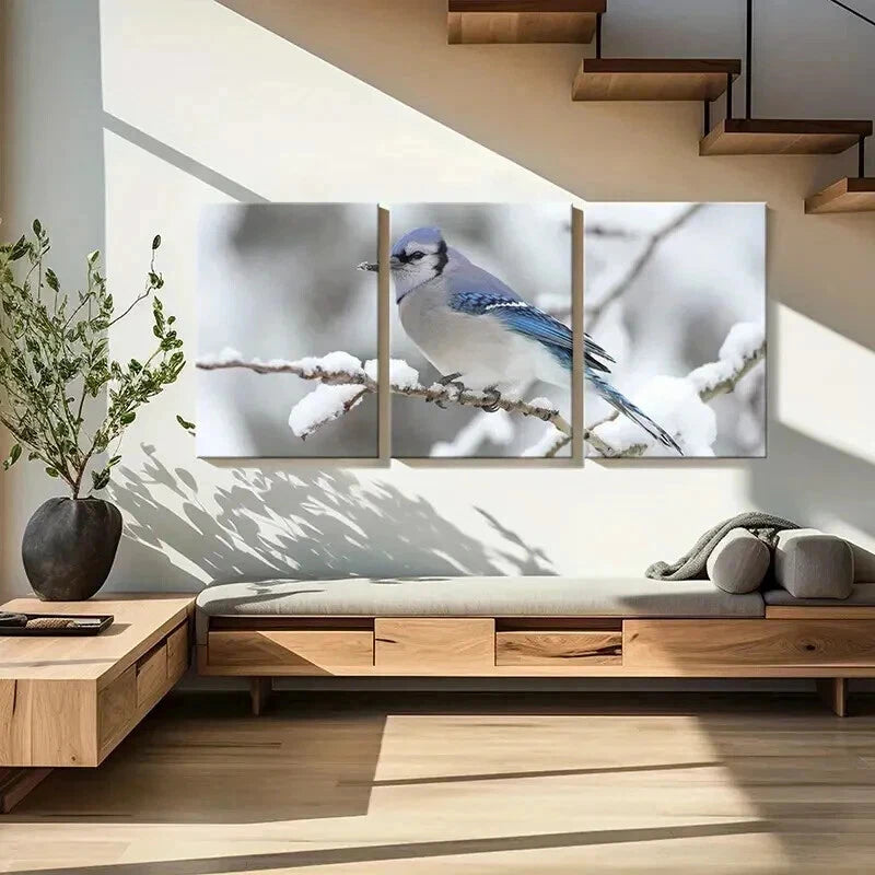 3pcs Blue Bird On A Branch Snowy Scene Wall Art Set Canvas Framed 40x60cm - High Quality Print 100% Australian Made Wall Canvas Ready to Hang