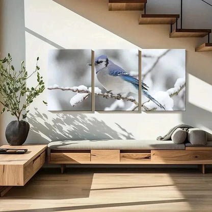 3pcs Blue Bird On A Branch Snowy Scene Wall Art Set Canvas Framed 40x60cm - High Quality Print 100% Australian Made Wall Canvas Ready to Hang