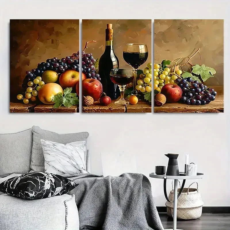 3pcs Fruit Grapes Apples and Wine Glass Metal Print Ready to Hang Art
