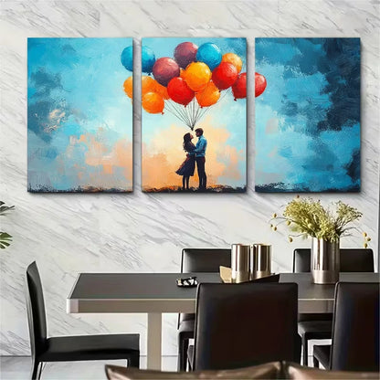 3pcs Couple in Blue Harness with Colorful Balloons Metal Print Ready to Hang Art