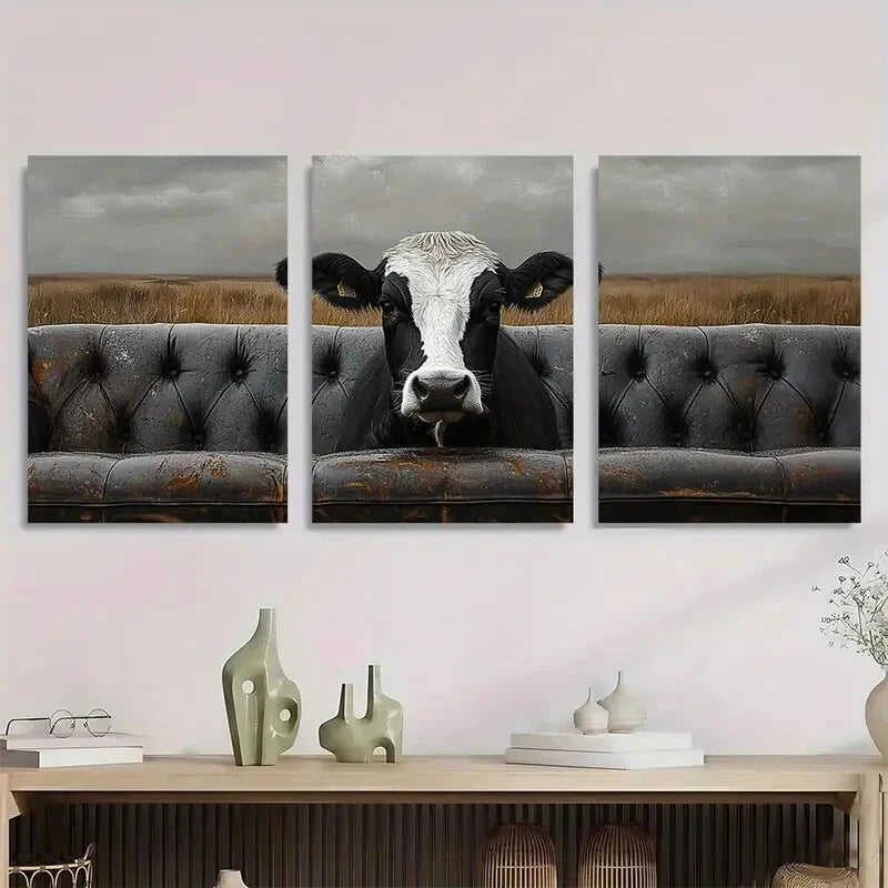 3pcs Elegant Black and White Cow Metal Print Ready to Hang Art