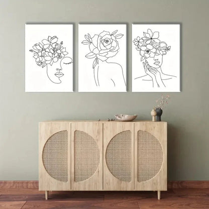 3pcs Black & White Floral Woman Illustrations Metal Print Ready to Hang Art