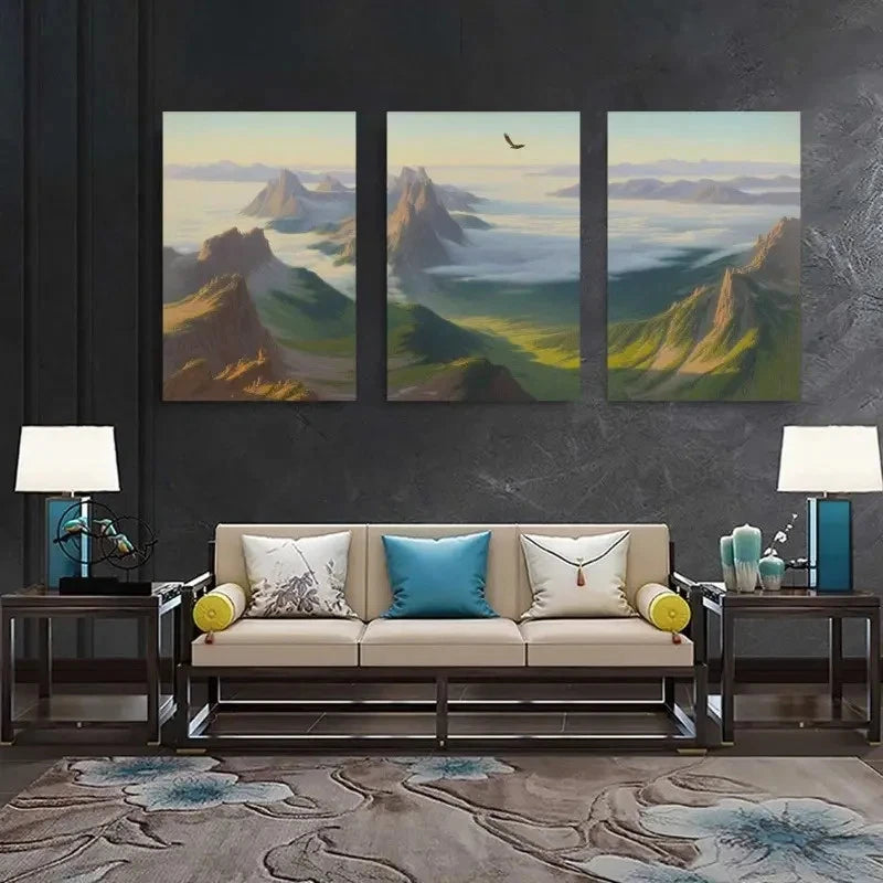 3pcs Misty Mountains & Lush Greenery Landscape Metal Print Ready to Hang Art