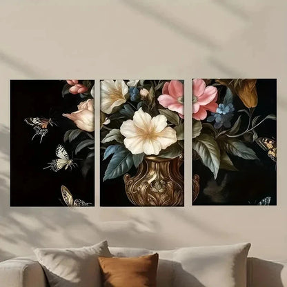 3pcs Flowers in a Vase with Butterflies Wall Art Set Canvas Framed 40x60cm - High Quality Print 100% Australian Made Wall Canvas Ready to Hang