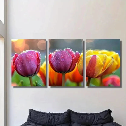 3pcs Tulips in the rain, floral Metal Print Ready to Hang Art