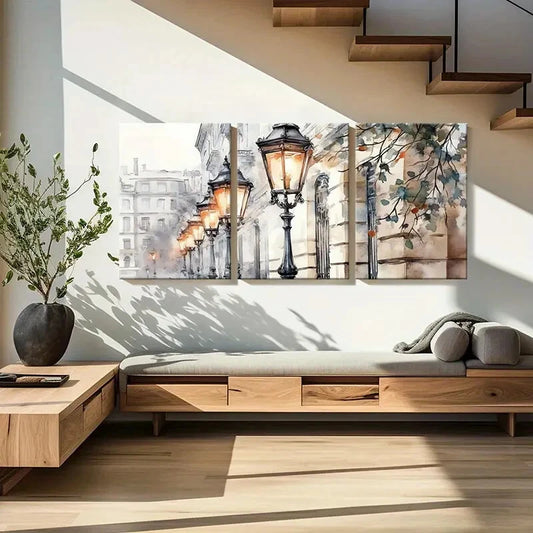 3pcs Street Lamps Watercolor Style Art Metal Print Ready to Hang Art