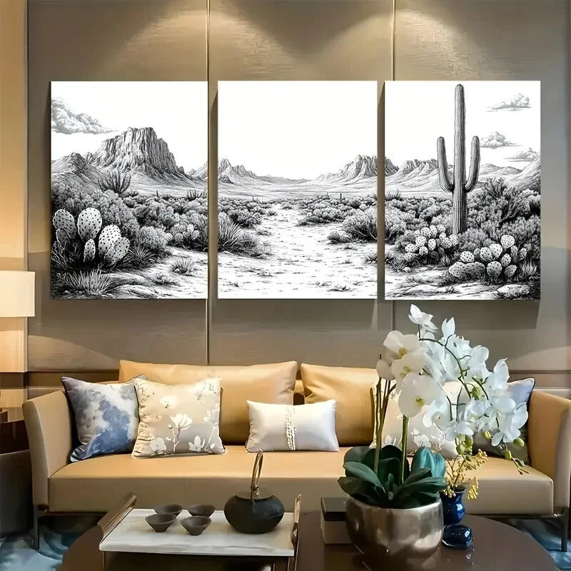 3pcs Black and White Cactus Southwest Desert Metal Print Ready to Hang Art