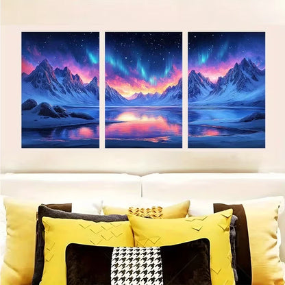 3pcs Northern Lights Over Snowy Mountains   Wall Art Set Canvas Framed 60x90cm - High Quality Print 100% Australian Made Wall Canvas Ready to Hang