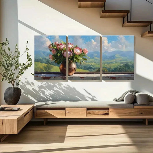3pcs Floral Arrangement Landscape Background Metal Print Ready to Hang Art