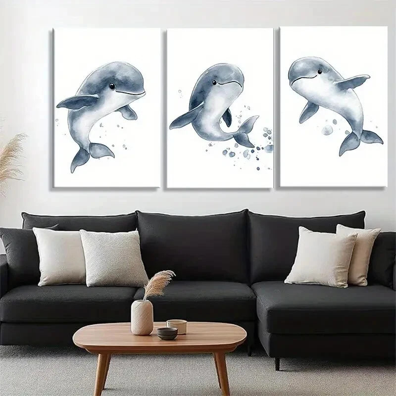3pcs Playful Dolphin Watercolor Energetic Sea Metal Print Ready to Hang Art
