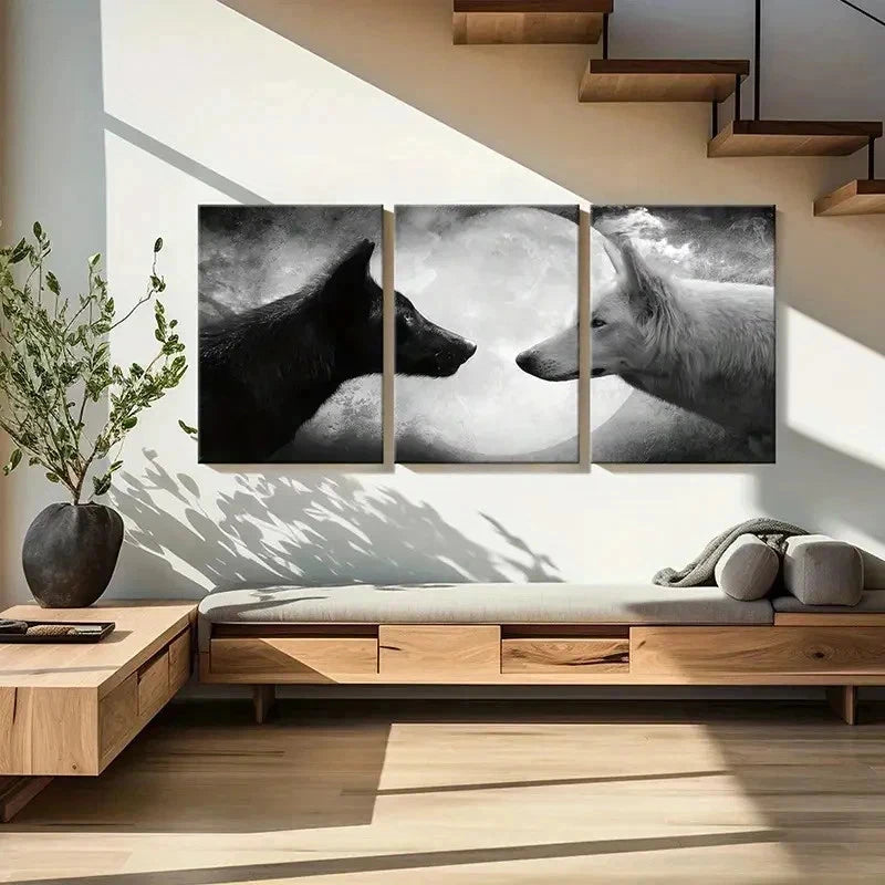 3pcs Black & White Two Wolves Under The Moon Wall Art Set Canvas Framed 40x60cm - High Quality Print 100% Australian Made Wall Canvas Ready to Hang
