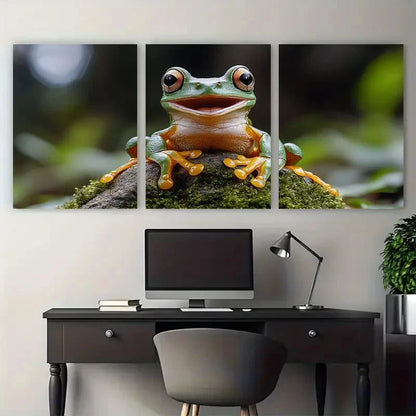 3pcs Happy Tree Frog Laughing on Mossy Rock Metal Print Ready to Hang Art