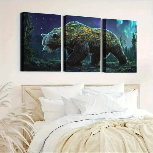 3pcs Moss Bear Under Aurora Borealis Wall Art Set Canvas Framed 40x60cm - High Quality Print 100% Australian Made Wall Canvas Ready to Hang