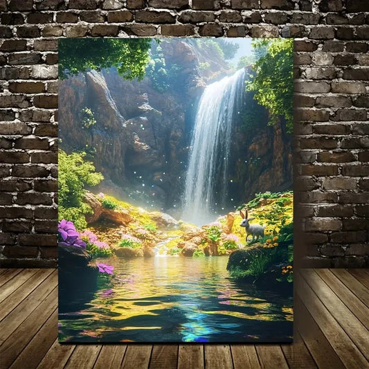 Clear Waterfall Rainbow Reflections Painting 40x60cm Metal Print Ready to Hang