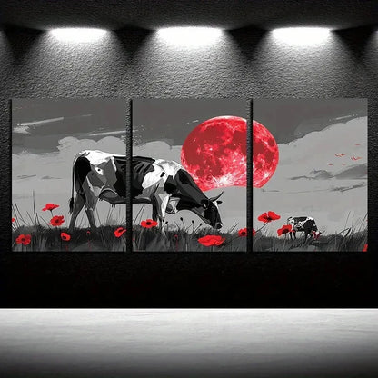3pcs Chic Black Cow with Red Accent Illustration Metal Print Ready to Hang Art