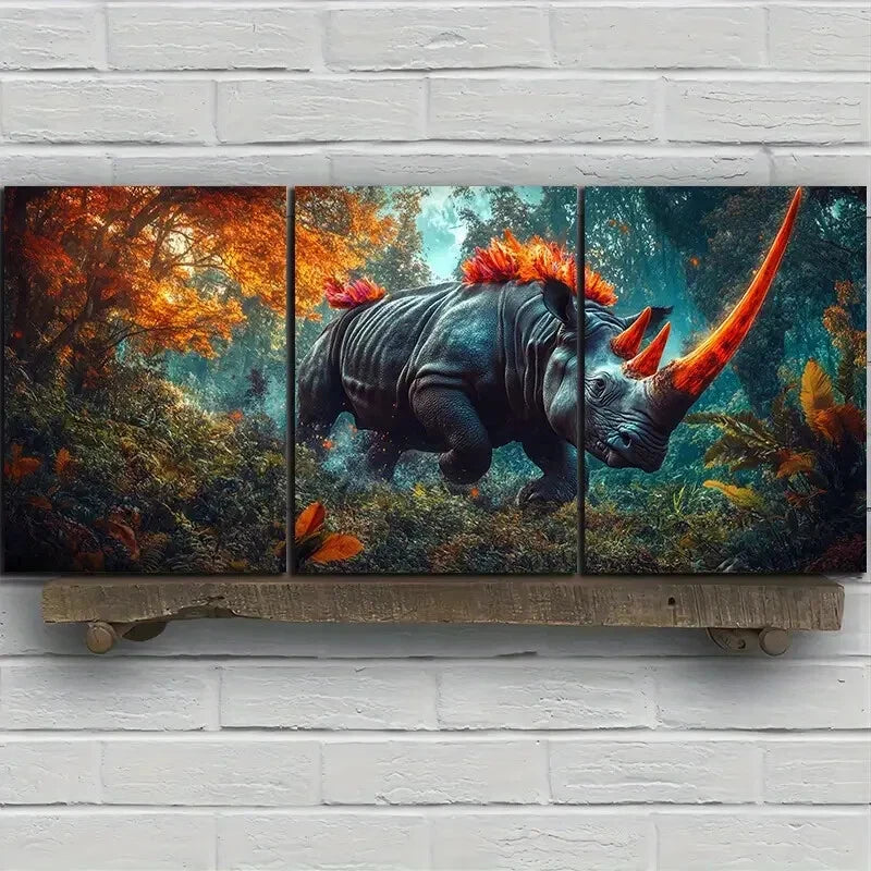 3pcs Rhino Vibrant Forest Scene Metal Print Ready to Hang Art