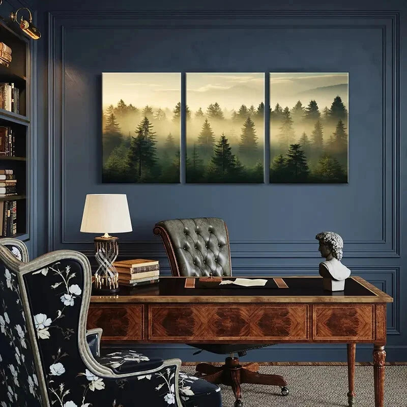 3pcs Misty Forest Landscape Pine Trees Golden Metal Print Ready to Hang Art
