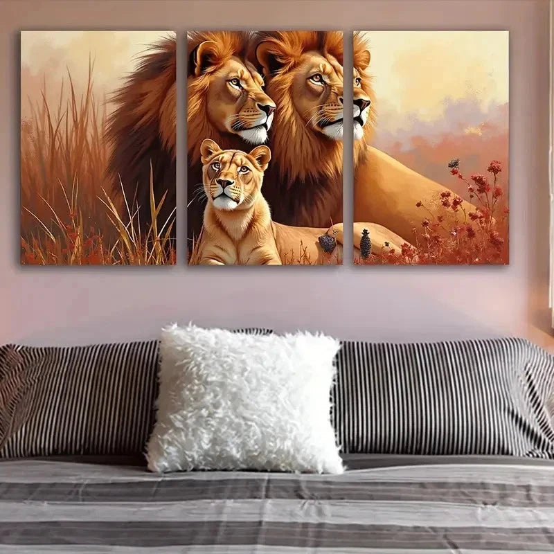 3pcs Lion Family African Portrait Wall Art Set Canvas Framed 50x70cm - High Quality Print 100% Australian Made Wall Canvas Ready to Hang