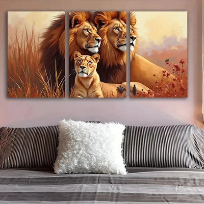 3pcs Lion Family African Portrait Wall Art Set Canvas Framed 50x70cm - High Quality Print 100% Australian Made Wall Canvas Ready to Hang