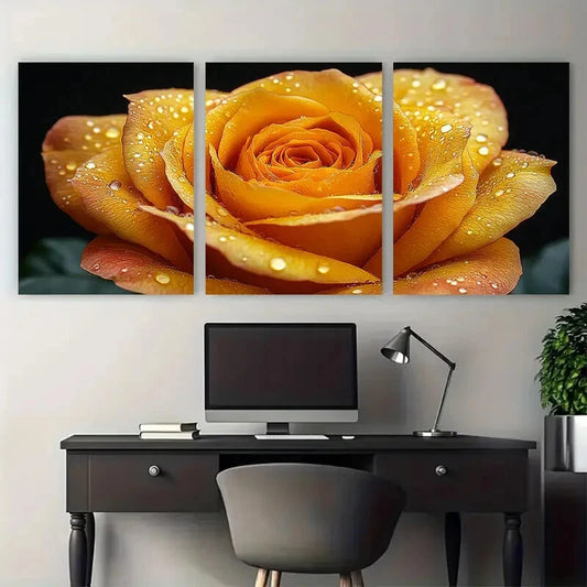 3pcs Vibrant Yellow Rose Close Up Botanical Floral Metal Print Ready to Hang Art