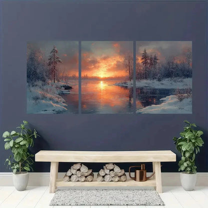 3pcs Frozen Lake Sunset Landscape Painting Metal Print Ready to Hang Art