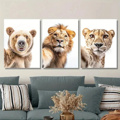 3pcs Animal Portraits of Bears, Lions, Leopards Metal Print Ready to Hang Art