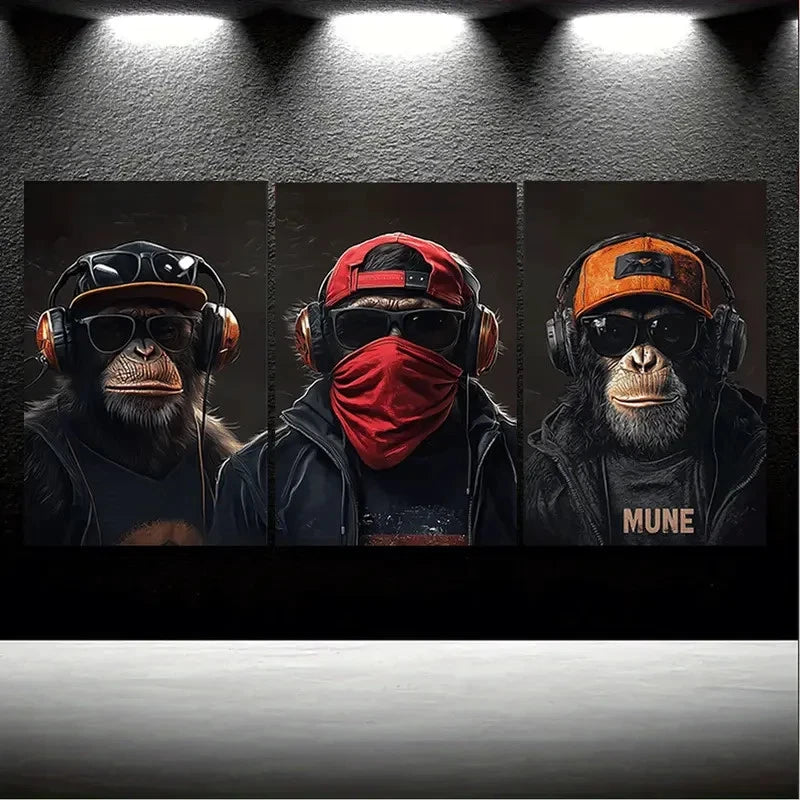 3pcs Monkey with Headscarves And Hats Metal Print Ready to Hang Art