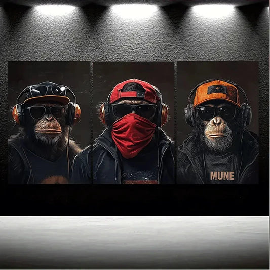 3pcs Monkey with Headscarves And Hats Metal Print Ready to Hang Art