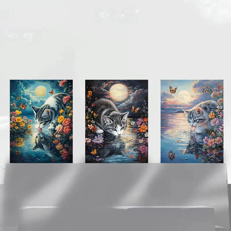 3pcs Whimsical Cat Moonlight Butterflies Metal Print Ready to Hang Art