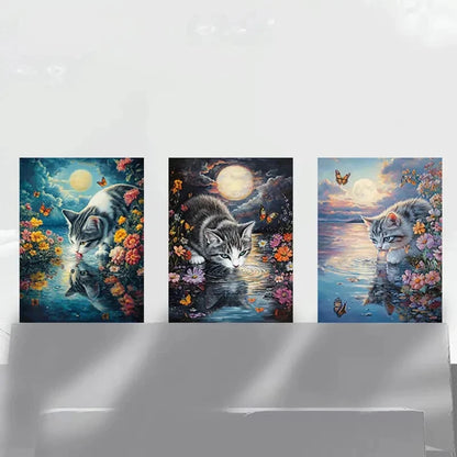 3pcs Whimsical Cat Moonlight Butterflies Metal Print Ready to Hang Art