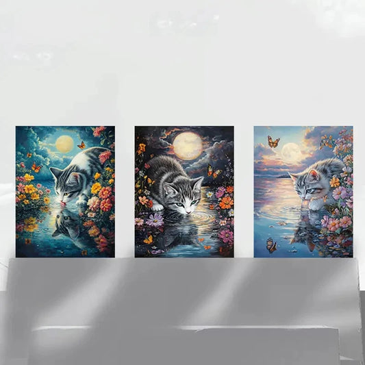 3pcs Whimsical Cat Moonlight Butterflies Metal Print Ready to Hang Art