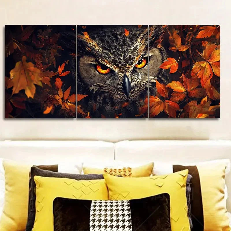 3pcs Fierce Owl Stares From Autumn Leaves Wall Art Set Canvas Framed 60x90cm - High Quality Print 100% Australian Made Wall Canvas Ready to Hang