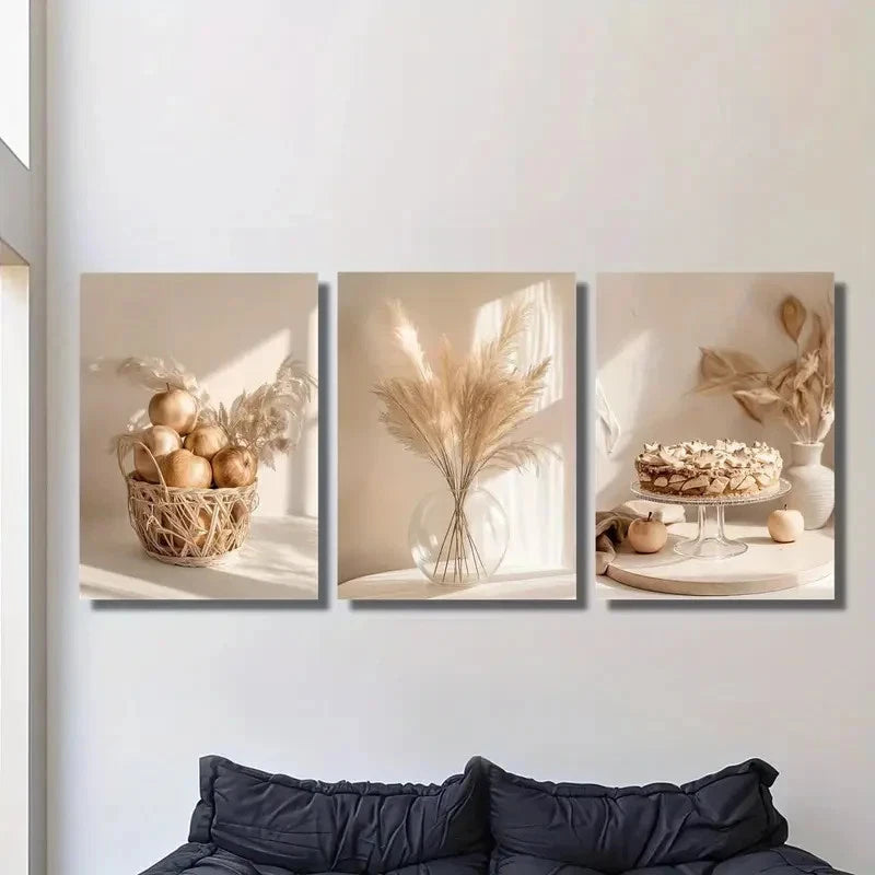 3pcs Bohemian Style Beige & White Metal Print Ready to Hang Art