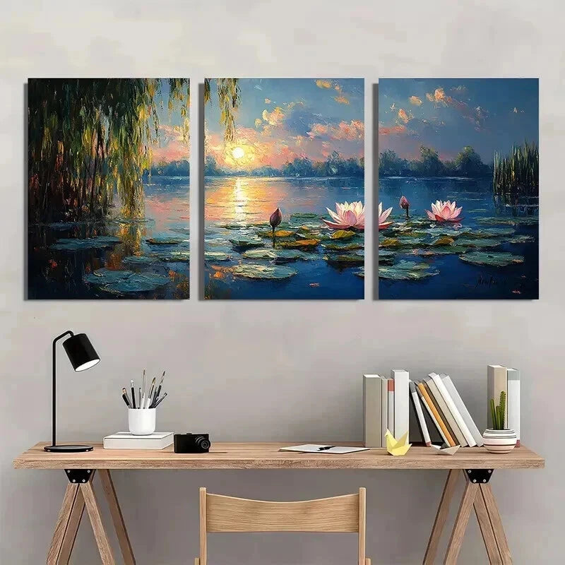3pcs Abstract Monet Sleeping for Lotus Pond Wall Art Set Canvas Framed 40x60cm - High Quality Print 100% Australian Made Wall Canvas Ready to Hang