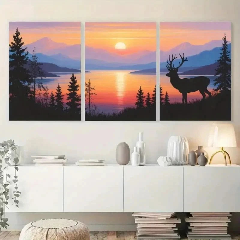 3pcs Deer Sunset Mountains Pine Trees Metal Print Ready to Hang Art